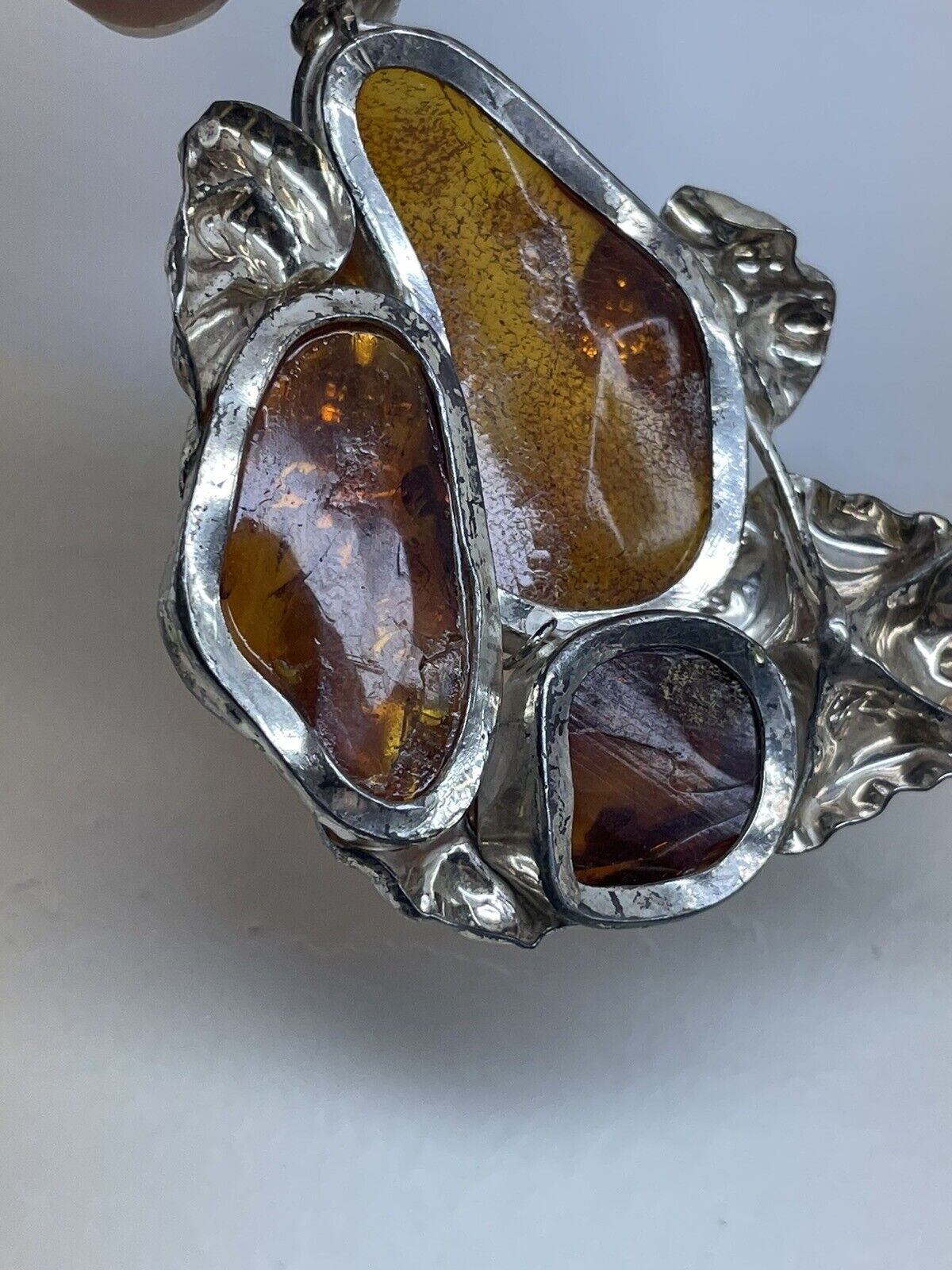 Sterling Silver Art Nouveau Baltic Amber Pendant Vintage
