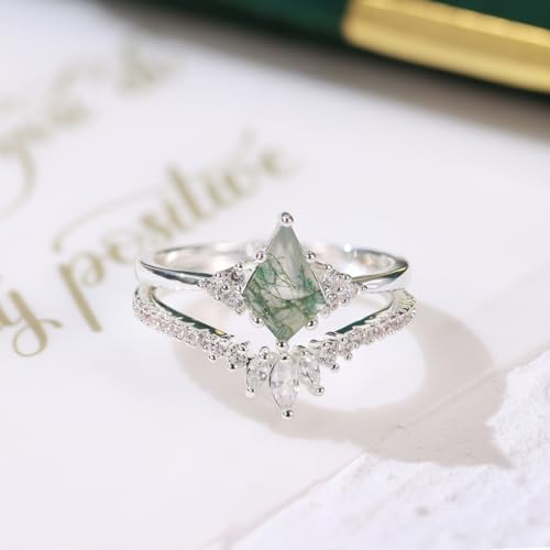 925 Sterling Silver Moss Agate Engagement Promise Ring