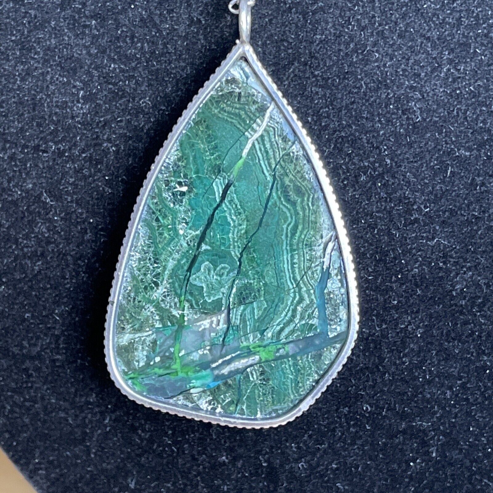 70's Sterling Silver Malachite Chrysocolla Pendant 2" Necklace