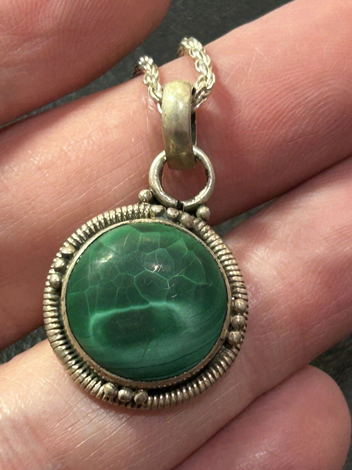 Malachite Pendant Necklace on 20" Sterling Silver Rope