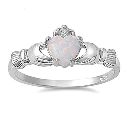 Sterling Silver Irish Claddagh White Opal Ring Size 8
