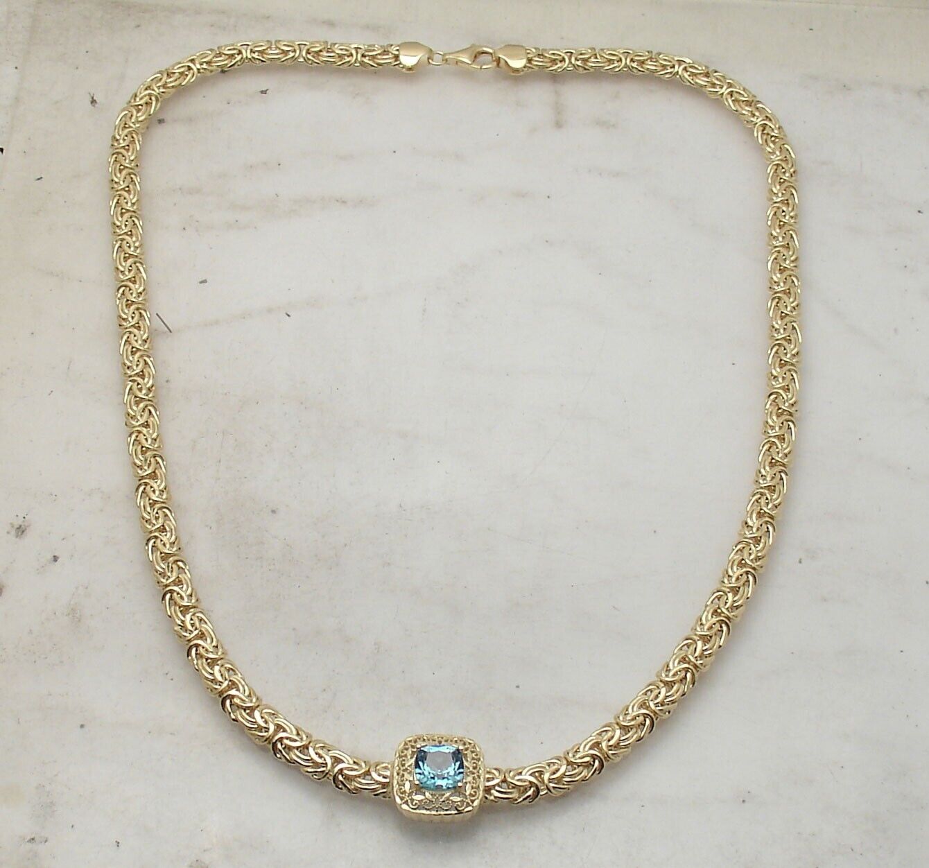 Blue Topaz Byzantine Chain Necklace 14K Gold Plated