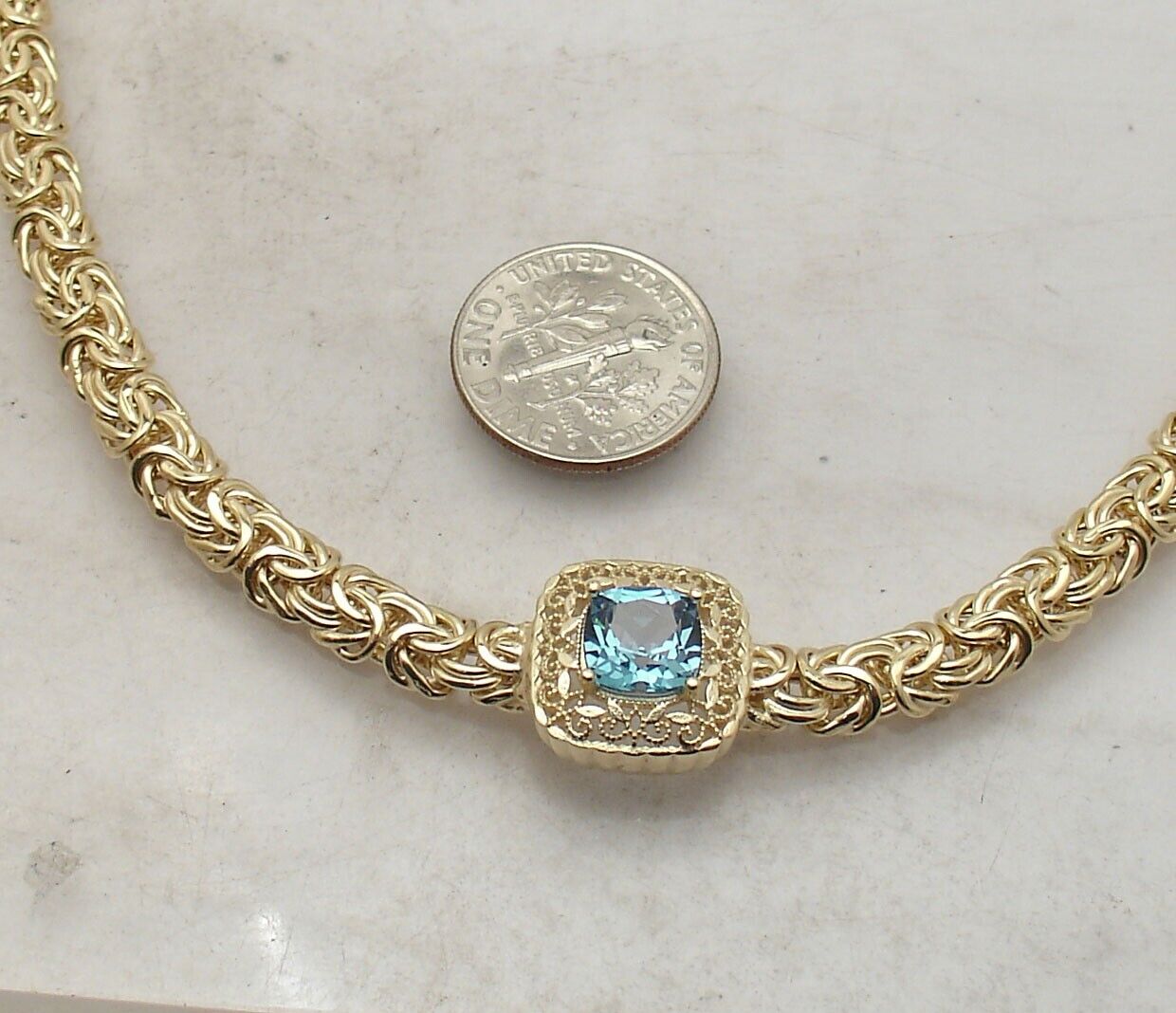 Blue Topaz Byzantine Chain Necklace 14K Gold Plated