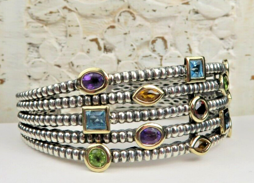 Multi Gemstone Sterling Silver & 14K Gold Bracelet