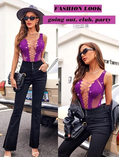 Rhinestone Mesh Bodysuit Rave Lingerie Teddy Purple
