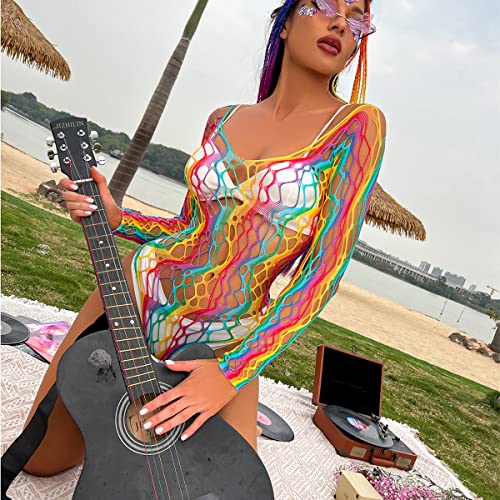 IMEKIS Rainbow Fishnet Rave Festival Exotic Outfit Set