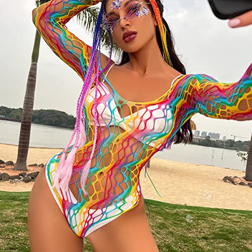 IMEKIS Rainbow Fishnet Rave Festival Exotic Outfit Set