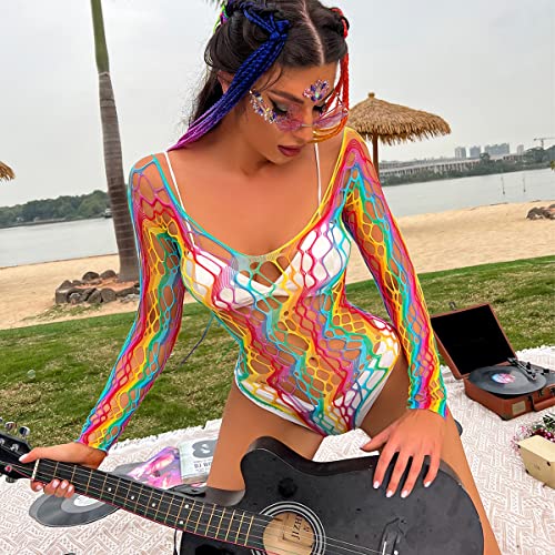 IMEKIS Rainbow Fishnet Rave Festival Exotic Outfit Set