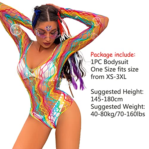 IMEKIS Rainbow Fishnet Rave Festival Exotic Outfit Set