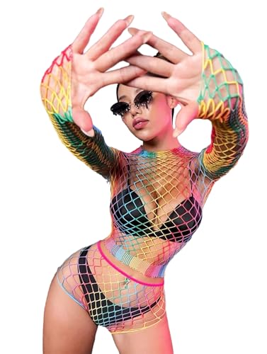 Rainbow Striped Fishnet Mini Dress for Cosplay and Dance