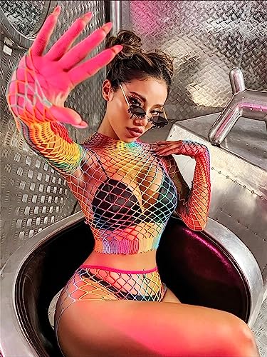 Rainbow Striped Fishnet Mini Dress for Cosplay and Dance