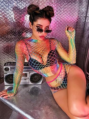 Rainbow Striped Fishnet Mini Dress for Cosplay and Dance
