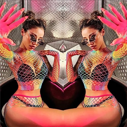 Rainbow Striped Fishnet Mini Dress for Cosplay and Dance
