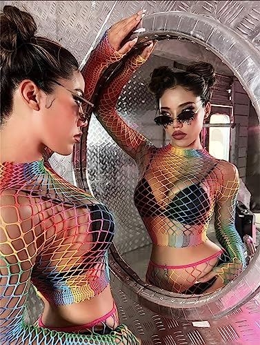 Rainbow Striped Fishnet Mini Dress for Cosplay and Dance