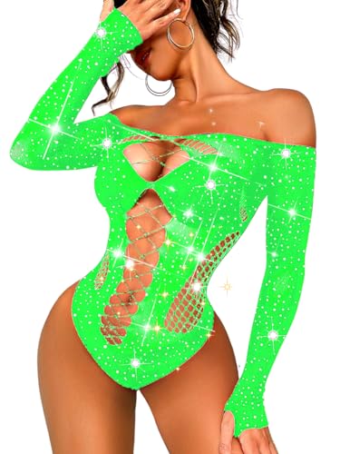 Neon green rhinestone bodysuit for women at EDM shows