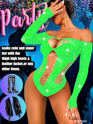 Neon green rhinestone bodysuit for women at EDM shows