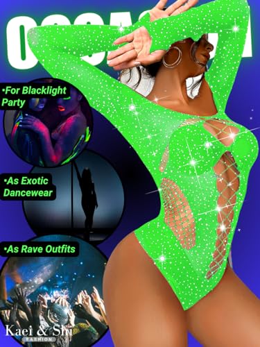 Neon green rhinestone bodysuit for women at EDM shows