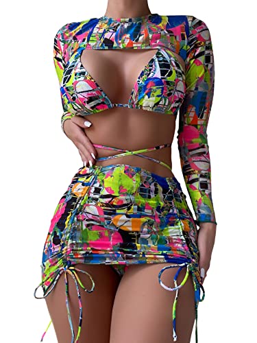 Multi Print Halter Bikini Set with Cover Up
