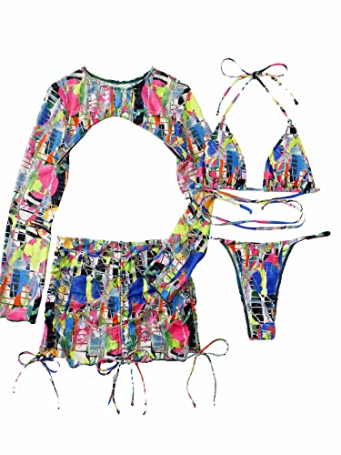 Multi Print Halter Bikini Set with Cover Up