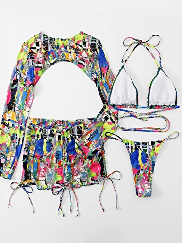 Multi Print Halter Bikini Set with Cover Up