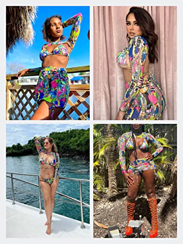 Multi Print Halter Bikini Set with Cover Up