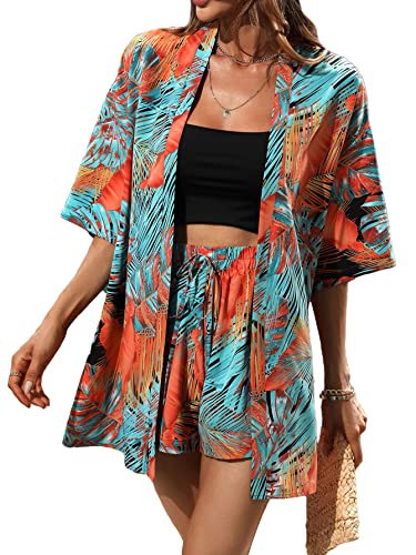 Boho Tropical Kimono Blouse and Shorts Set Multicolor