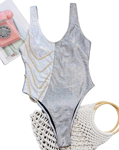 Holographic Silver High-Cut Bathing Suit for EDM Festivals