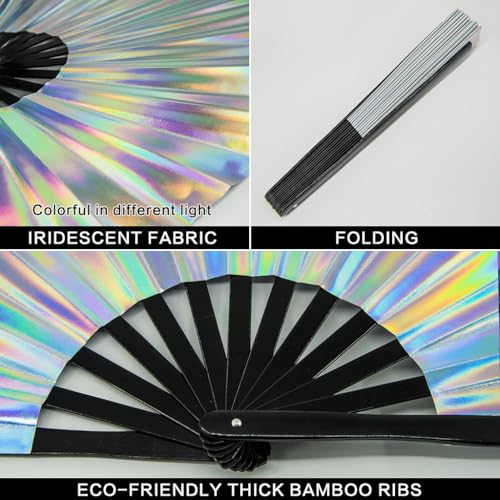 Large Glitter Holographic Rave Hand Fan for Festivals