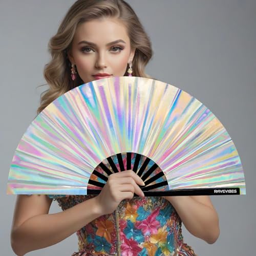 Large Glitter Holographic Rave Hand Fan for Festivals