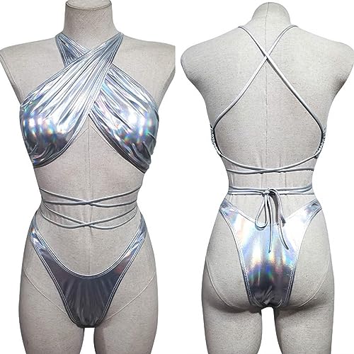 Neon hologram strappy bikini for rave party outfit