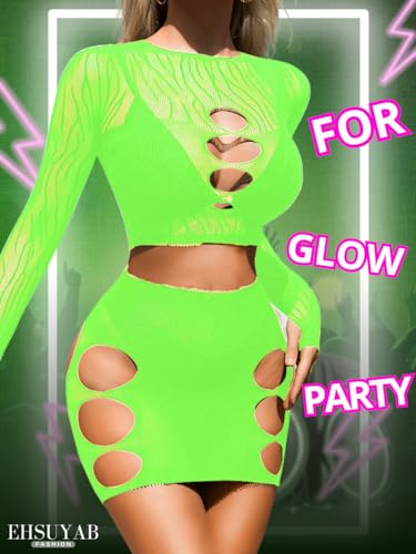 Neon Green Fishnet Poster Dress, Sexy 2-Piece Set
