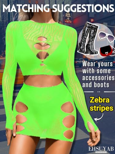 Neon Green Fishnet Poster Dress, Sexy 2-Piece Set