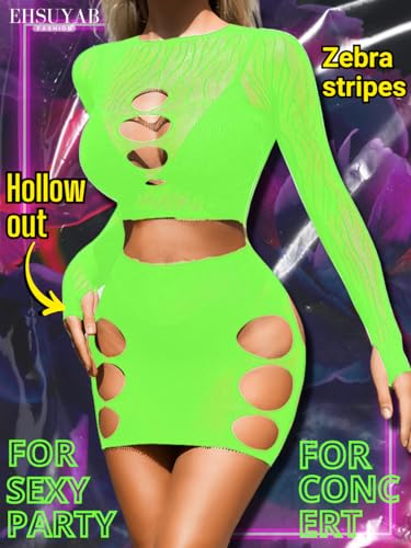 Neon Green Fishnet Poster Dress, Sexy 2-Piece Set