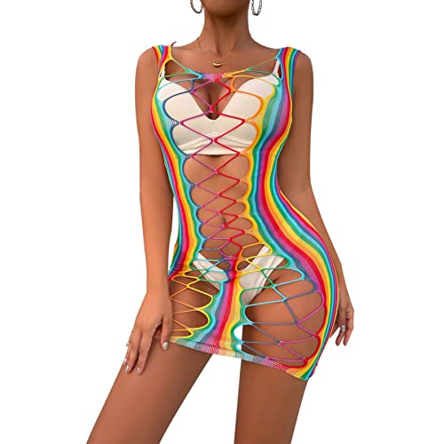 Rainbow Striped Mesh See Through Bodysuit for Rave