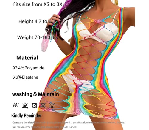 Rainbow Striped Mesh See Through Bodysuit for Rave