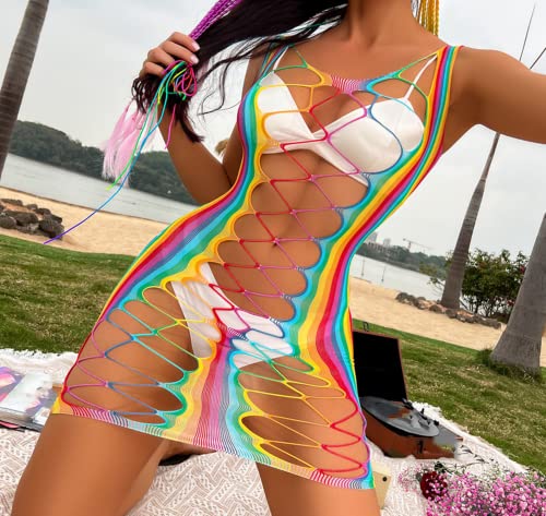 Rainbow Striped Mesh See Through Bodysuit for Rave
