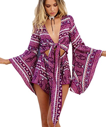 Boho V Neck Print Romper with Flare Sleeves