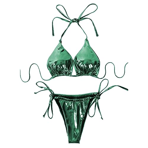 ZGMYC Metallic Triangle Bikini Set with Drawstring Mini Skirt