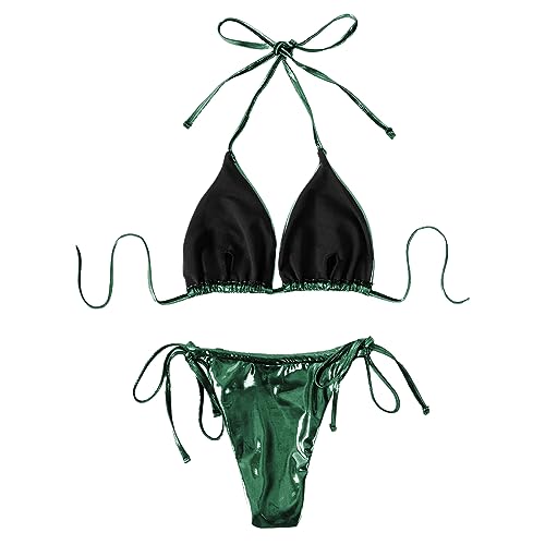 ZGMYC Metallic Triangle Bikini Set with Drawstring Mini Skirt
