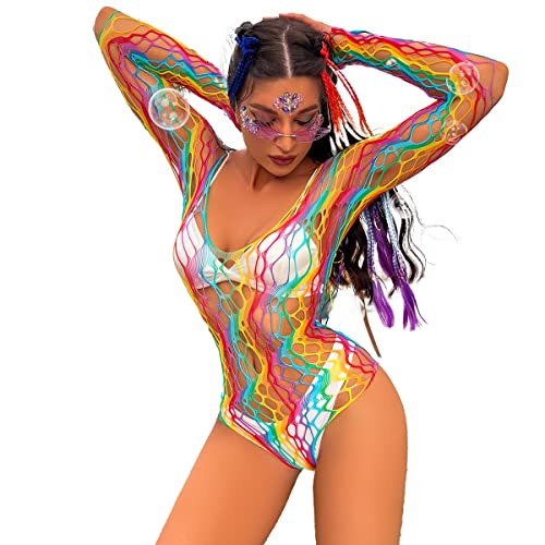 IMEKIS Rainbow Fishnet Rave Festival Exotic Outfit Set