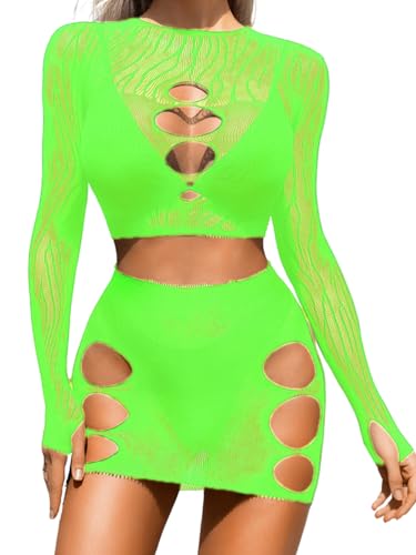 Neon Green Fishnet Poster Dress, Sexy 2-Piece Set