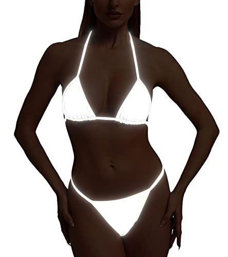 Silver Reflective Rave Triangle Top Thong Metallic Bikini