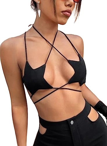 Black Crisscross Halter Rave Star Top for Women