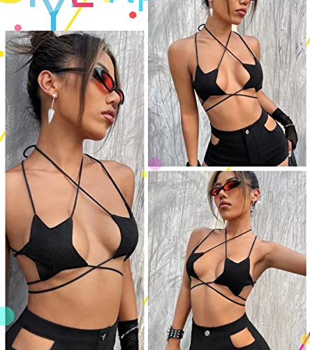Black Crisscross Halter Rave Star Top for Women