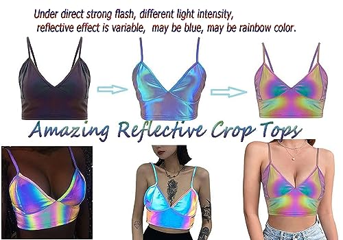 Giovacker Reflective Crop Top for Festival Rave Girls