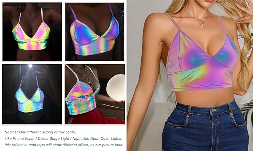 Giovacker Reflective Crop Top for Festival Rave Girls