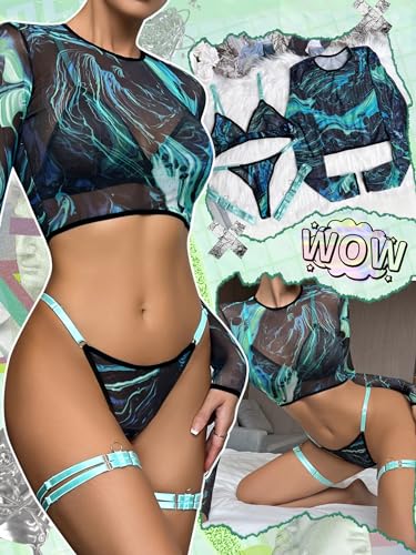 popiv Women 4 Piece Sexy Mesh Rave Outfit