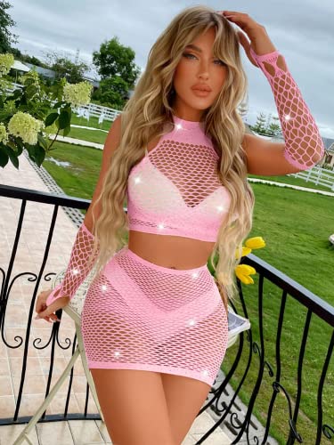 Kaei&Shi Sparkling Fishnet Skirt Set, Pink