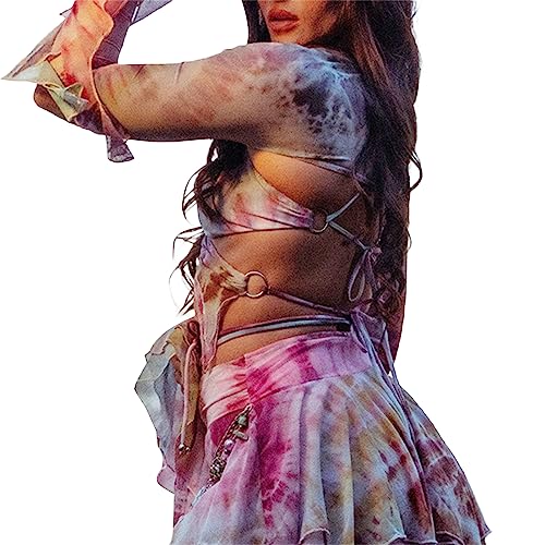 Y2K Butterfly Print Backless Crop Top & Skirt Set