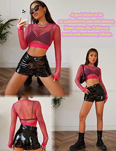 Red Fishnet Crop Top: Women's Long Sleeve Shirt